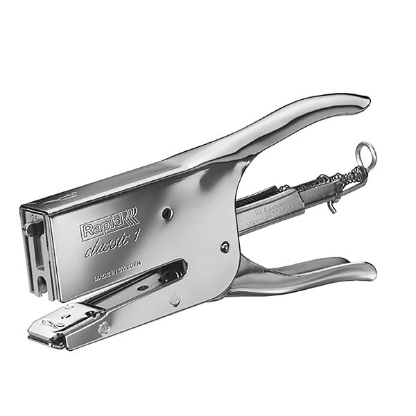 Sleek chrome stapler with adjustable anvil, staples up to 50 sheets, durable steel for professionals and DIY enthusiasts.