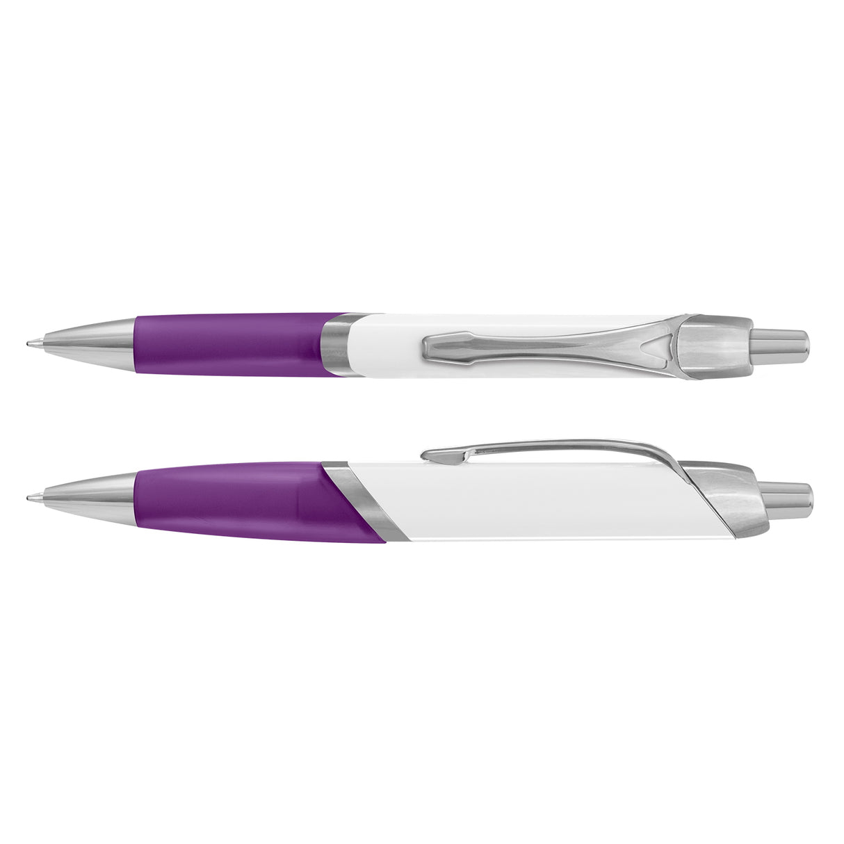 Set of 100 purple Avenger pens featuring retractable design, soft-touch grip, and chrome trim for elegant writing.