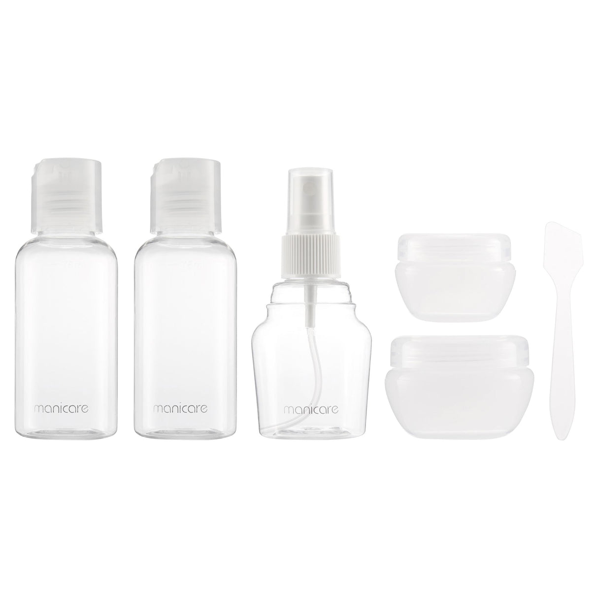 Manicare Travel Boarding Set: compact kit with leak-proof bottles, jars, and spray for hassle-free travel essentials.