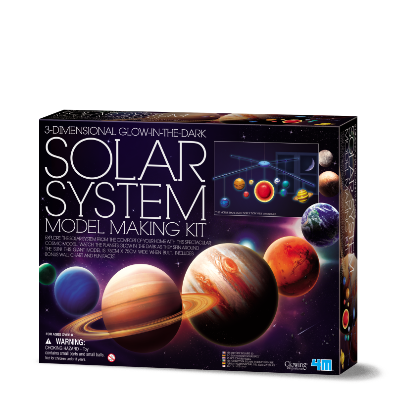 3D Solar System Mobile Making Kit by 4M, featuring a glowing, revolving model for educational and creative family fun.