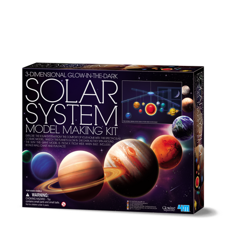 3D Solar System Mobile Making Kit by 4M, featuring a glowing, revolving model for educational and creative family fun.