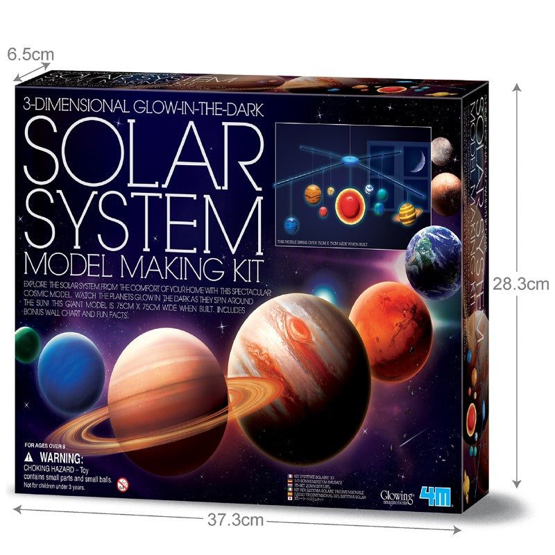 A colorful 3D solar system mobile kit by 4M, perfect for kids to create a glowing, revolving model of space.
