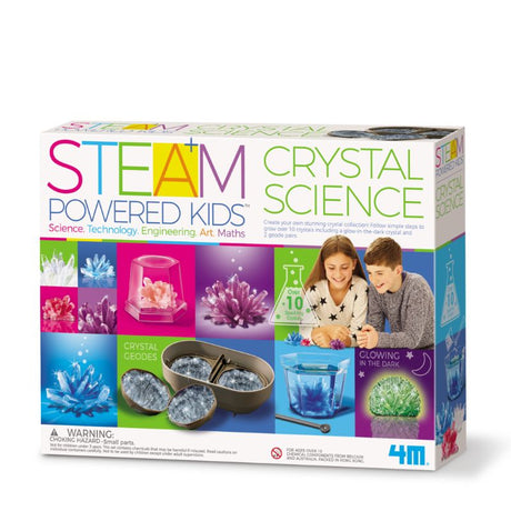 Hands-on crystal-growing kit for kids aged 8+, featuring 10 different crystals including glow-in-the-dark and geode pairs.