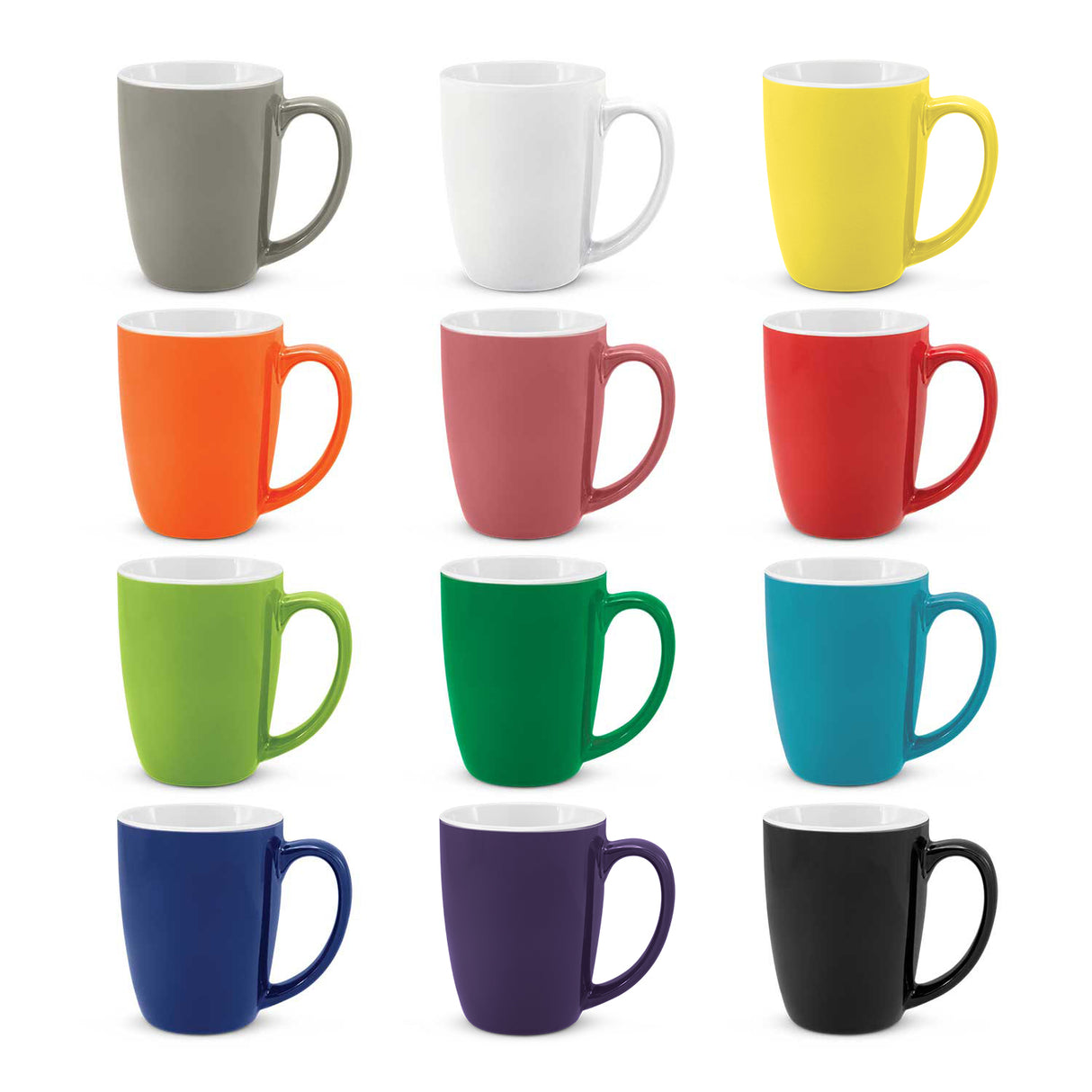 Set of 10 vibrant Sorrento coffee mugs in 12 colors, 300ml stoneware, dishwasher safe, perfect for home or office use.