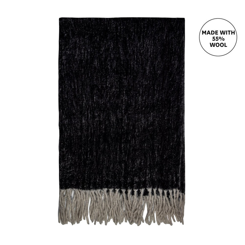 Throw - BLISS MOHAIR BLEND SOLID COLOUR WITH BUMBLE FRINGE (Black)