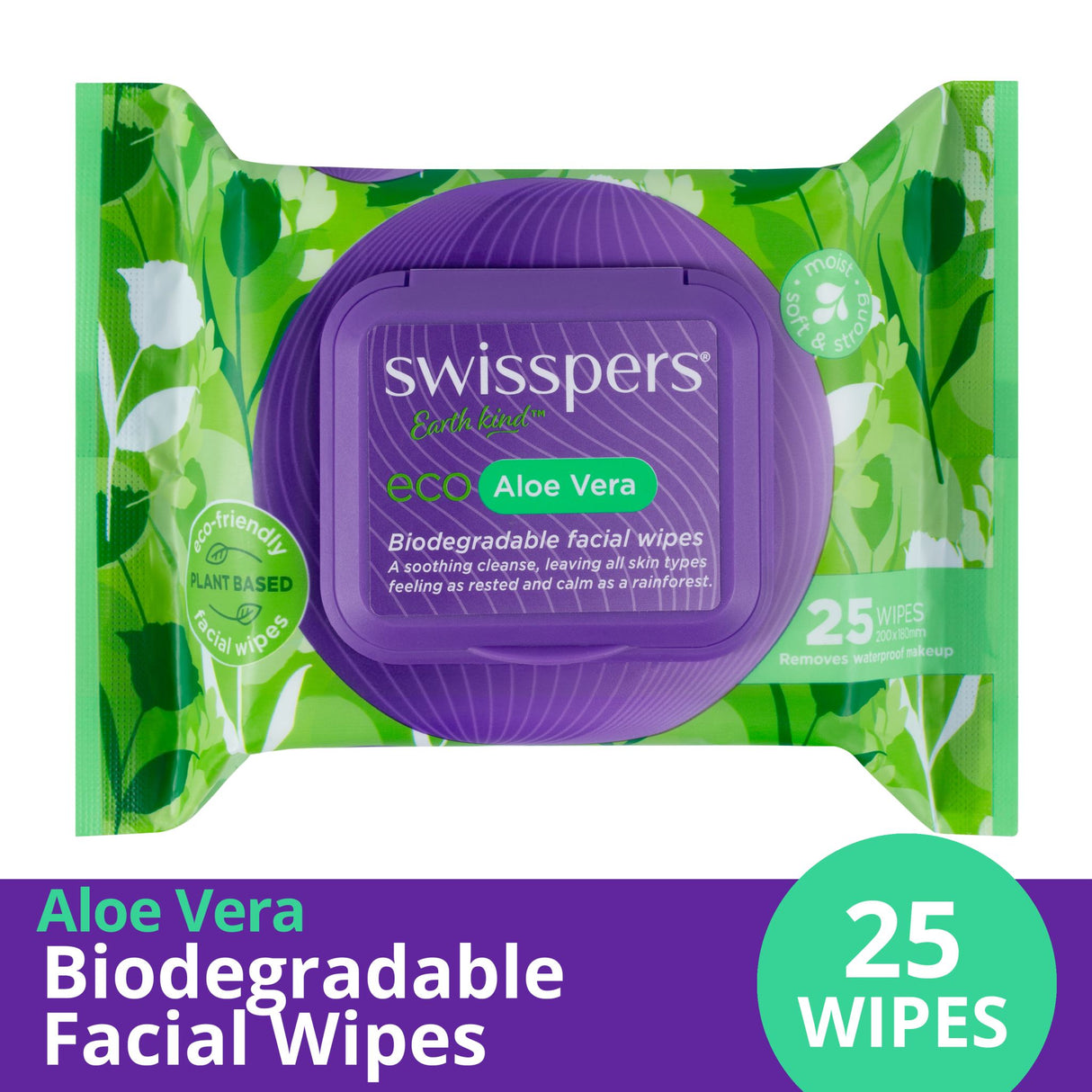 Swisspers Eco Aloe Vera Biodegradable Facial Wipes in a 25 pack, soothing and eco-friendly for all skin types.