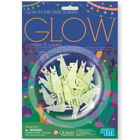 Glow in the Dark Llamas 12 Pack by 4M, whimsical decor for enchanting children's rooms, glowing brightly after light exposure.