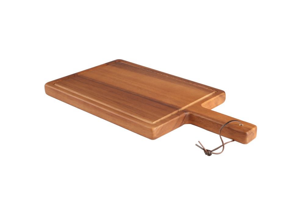 Acacia Tuscany Board with handle, 350mm x 180mm, perfect for serving charcuterie and fruits, featuring a juice-catching groove.
