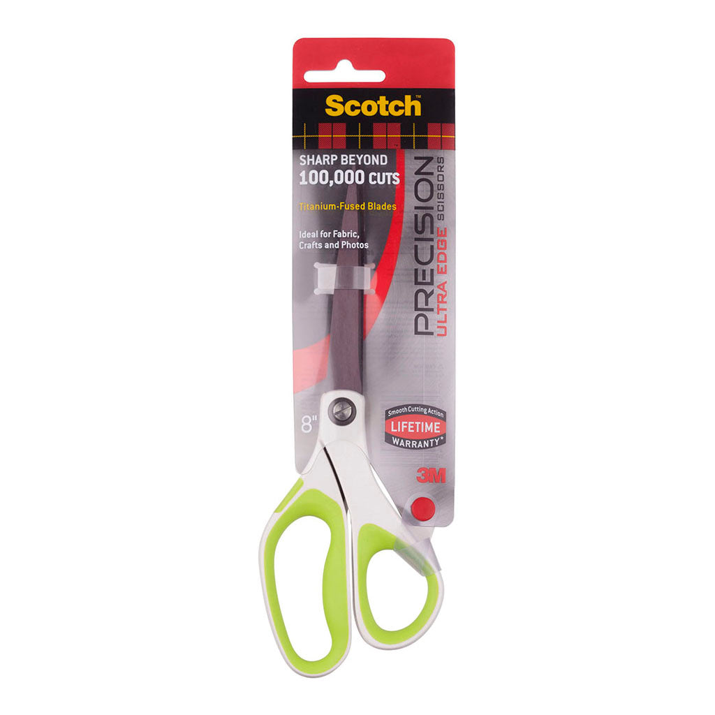 8-inch 3M Scotch Precision Titanium Scissors with ergonomic grip, ideal for fabric, crafts, and photos, ensuring durability and comfort.