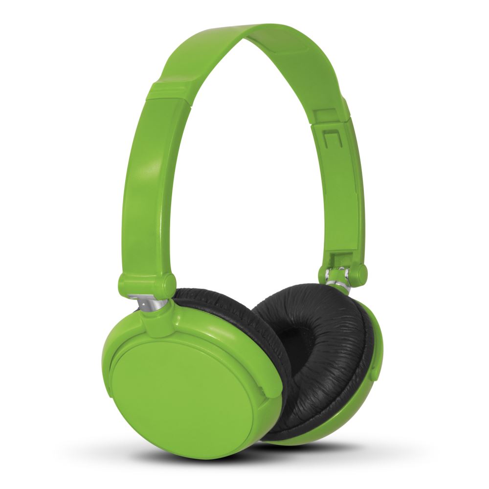 Green Pulsar Brand headphones with premium sound, padded earpieces, adjustable headband, and 110cm audio cable for comfort and style.