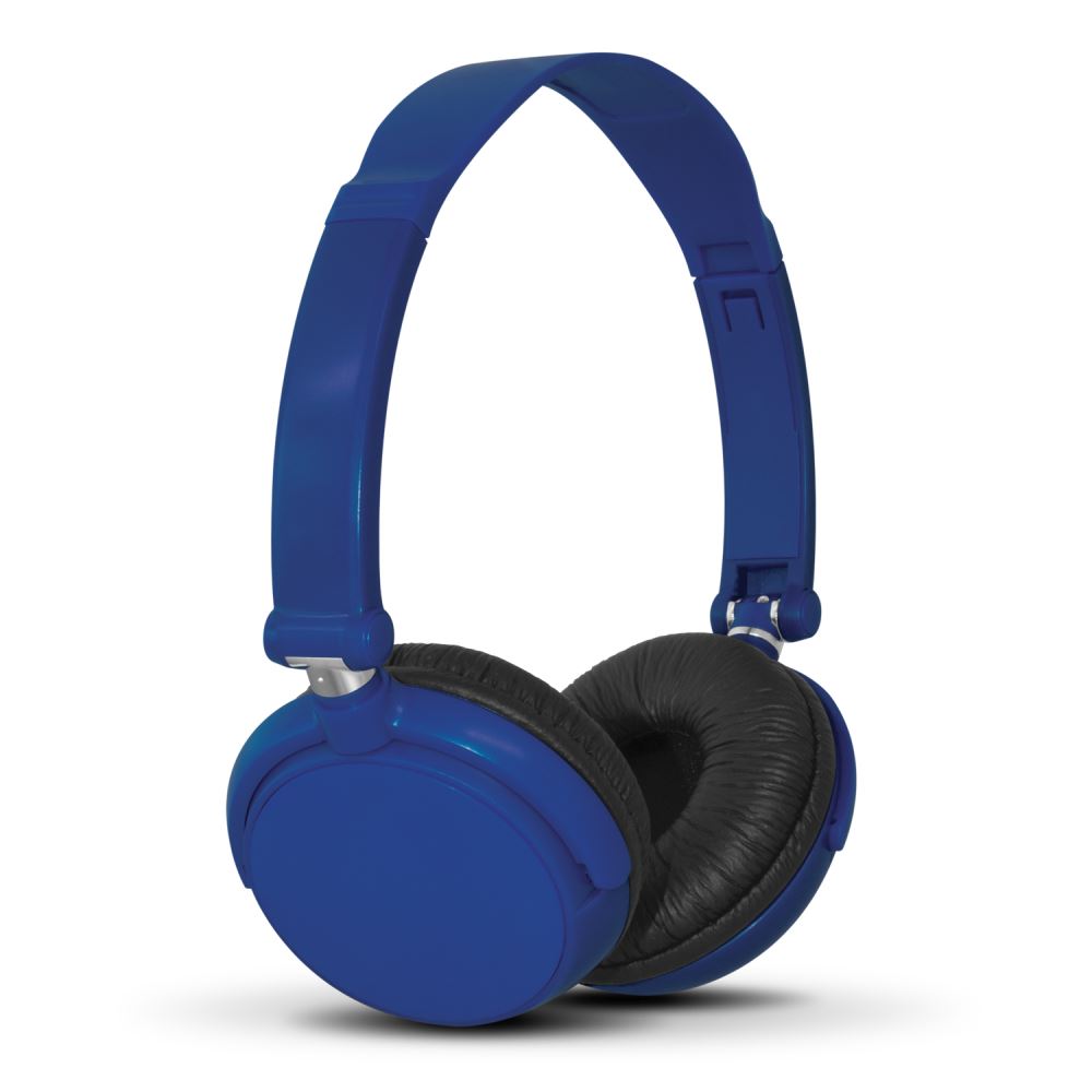 Navy Pulsar Brand headphones featuring premium sound, adjustable headband, and cushioned ear pieces for comfort.