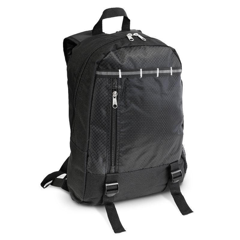 Black Campus Backpack featuring durable 600D polyester, padded straps, laptop compartment, and stylish ripstop nylon front.