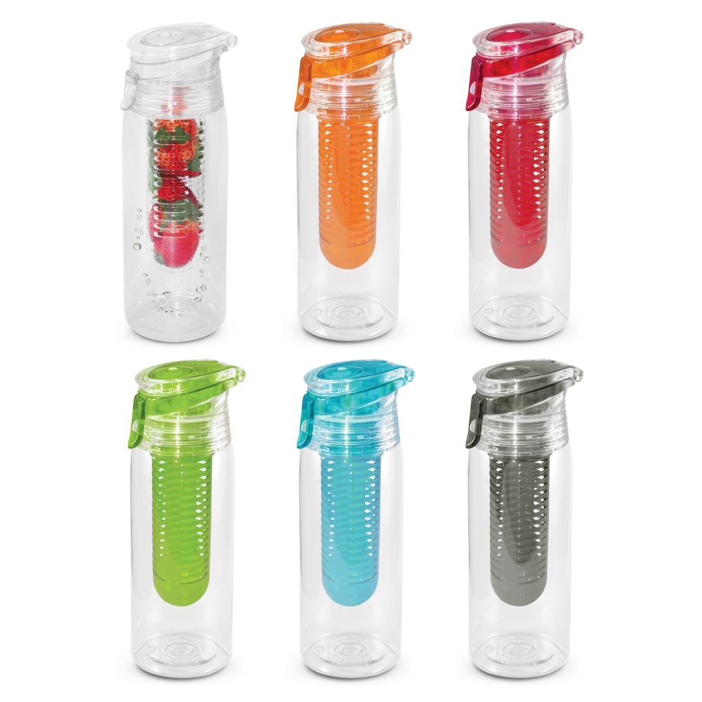 Vibrant green shatter-resistant drink bottle with infusion cartridge, BPA-free, 750ml, perfect for flavored hydration on-the-go.