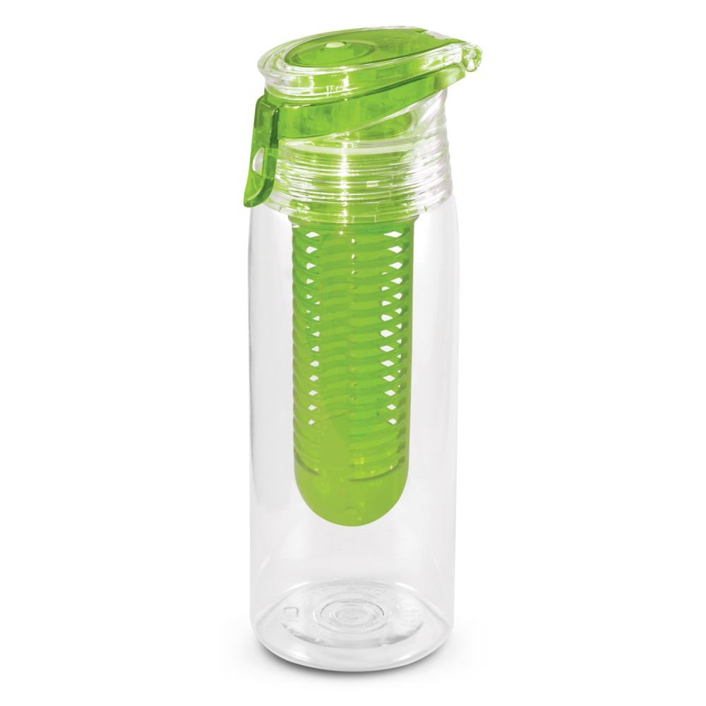 Shatter-resistant green 750ml drink bottle with infusion cartridge, flip-top lid, and portable carry handle.