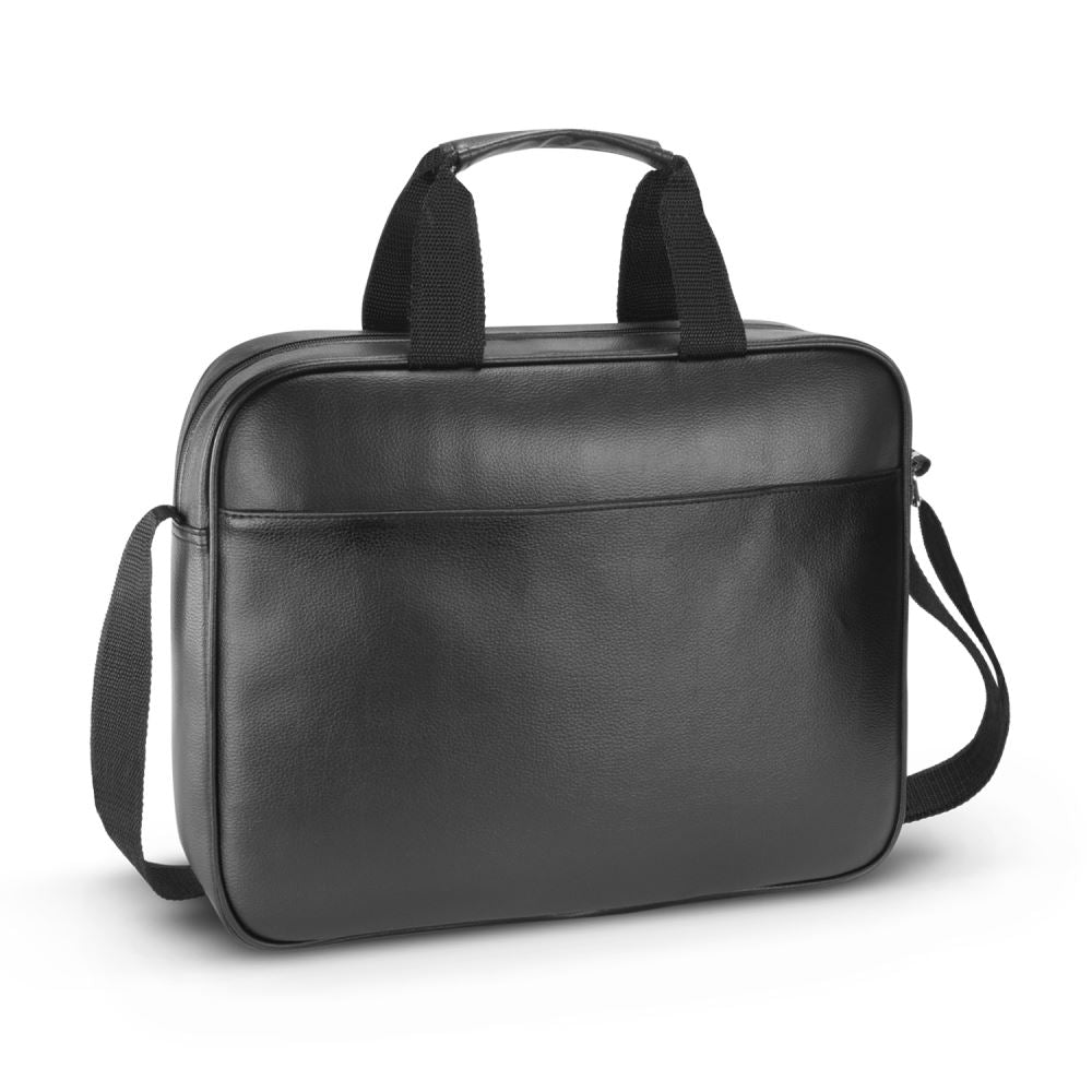 Stylish black poly-leather laptop bag with padded compartments for laptop and tablet, adjustable strap, and external pocket.