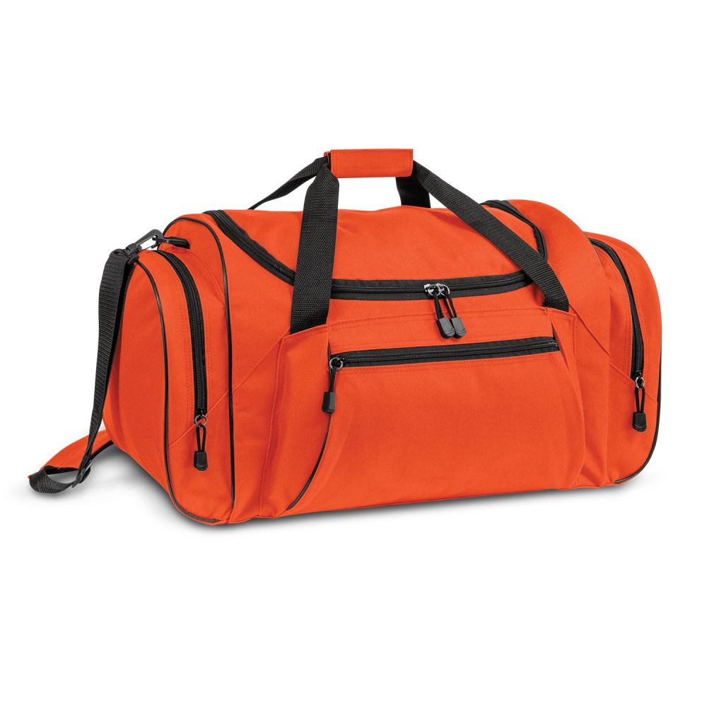 Vibrant orange large duffle bag with durable fabric, adjustable strap, and multiple pockets for travel and daily use.