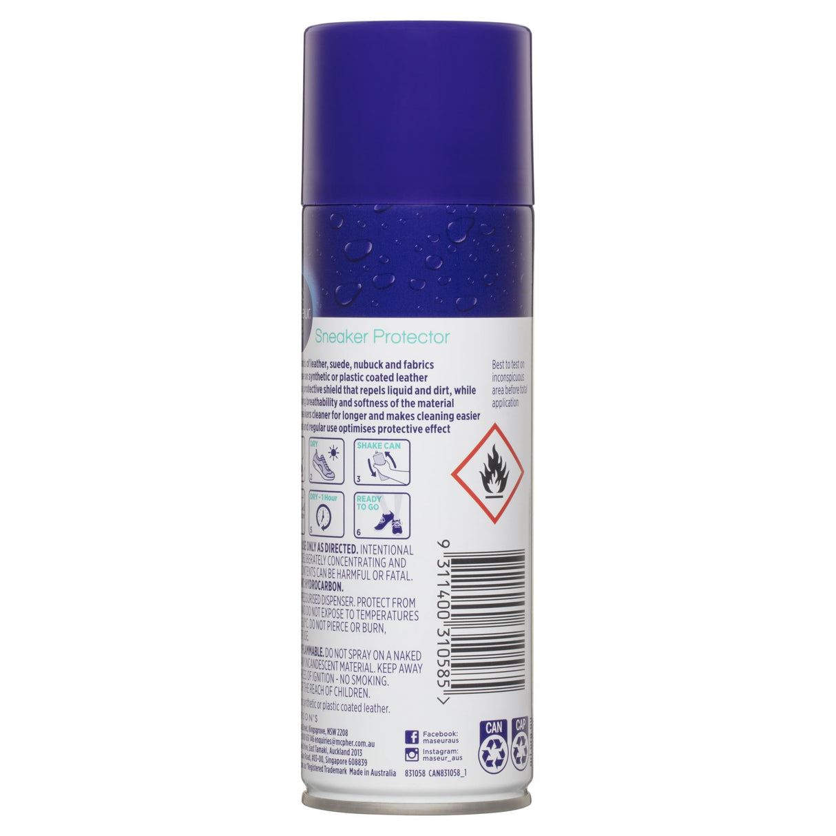 Maseur Footcare Sneaker Protector 125g safeguards and waterproofs sneakers, suitable for leather, suede, and fabric materials.