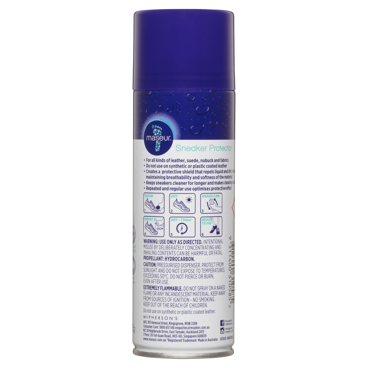 Maseur Footcare Sneaker Protector 125g, a waterproof shield for leather, suede, and fabric sneakers, guarding against dirt and stains.