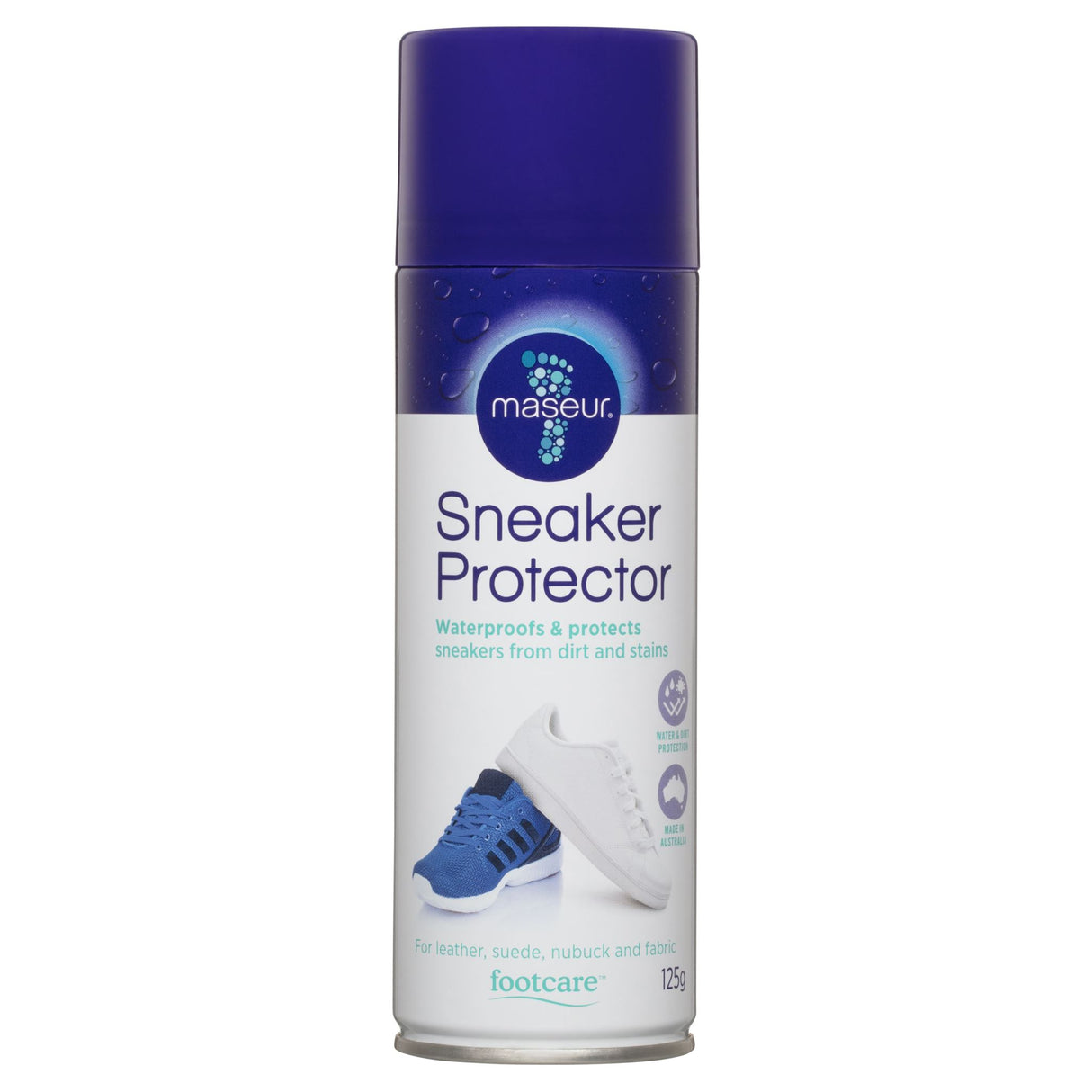 Maseur Footcare Sneaker Protector 125g, a waterproof spray guarding sneakers against dirt and stains while preserving material softness.