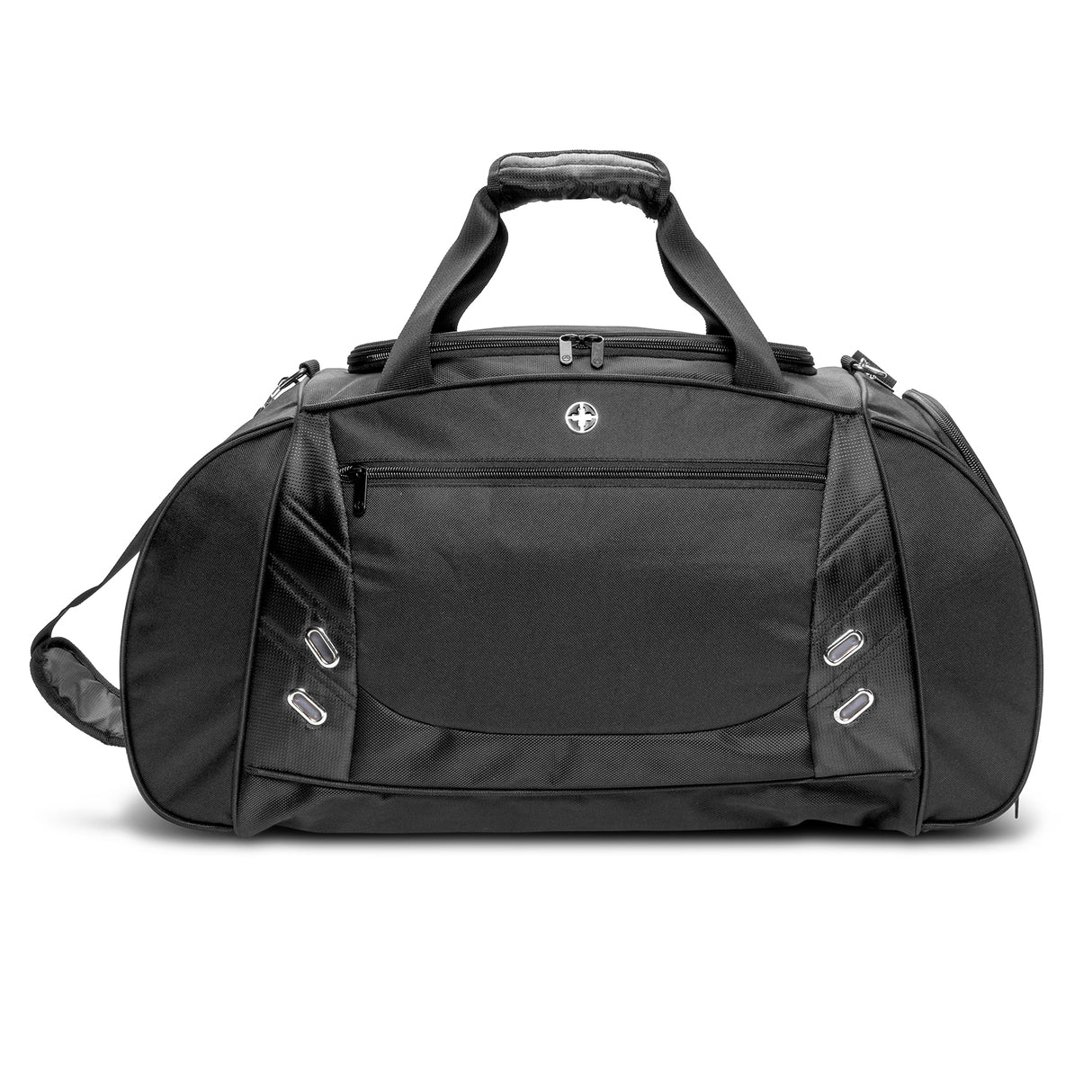 Swiss Peak Weekend/Sports Bag in black with large compartment, shoe vent, water bottle holder, and adjustable strap.