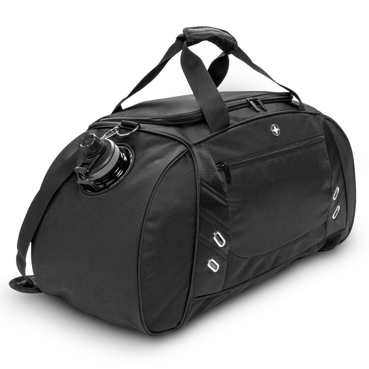 Black Swiss Peak Weekend/Sports Bag with U-shaped zip, shoe compartment, adjustable strap, and water bottle holder.
