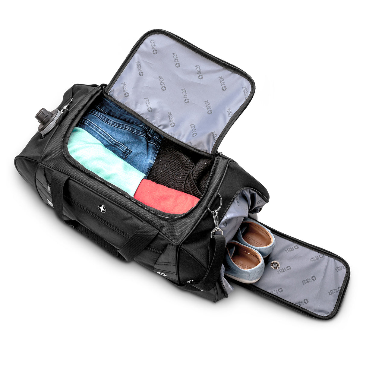 Swiss Peak Weekend/Sports Bag in black, featuring a spacious U-shaped main compartment and side shoe vent for ultimate convenience.