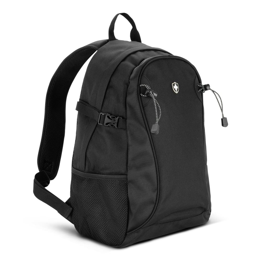 Stylish Swiss Peak Outdoor Backpack in black, crafted from durable polyester, featuring a spacious main compartment and padded straps.