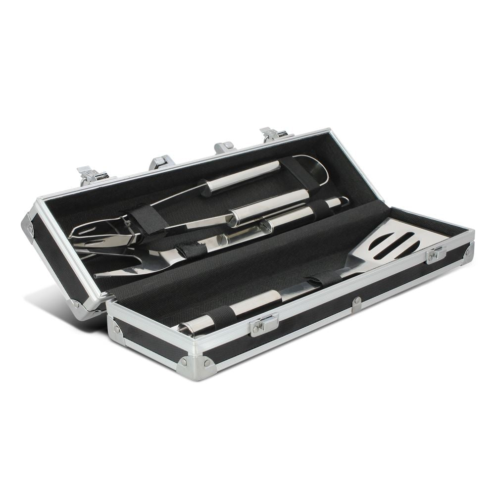 Luxmore BBQ Set: premium grilling tools in a stylish case, featuring stainless steel fork, tongs, and spatula, perfect for outdoor cooking.