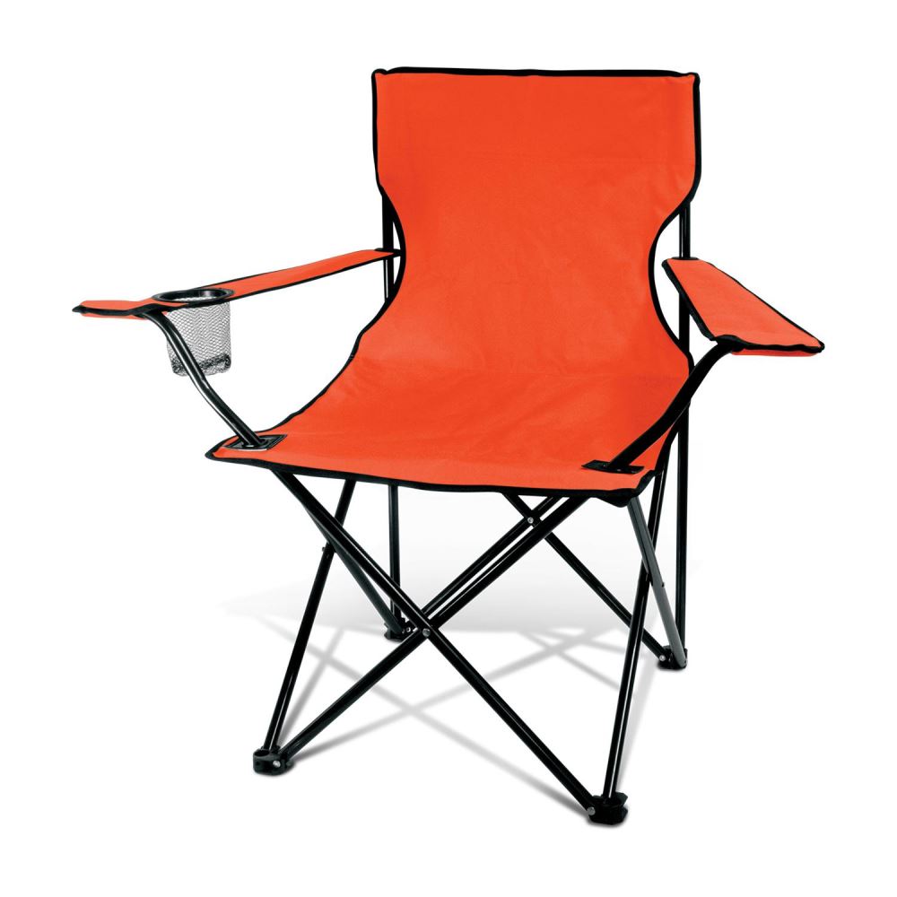 Vibrant orange folding camping chair with arm rests, mesh drink holder, and carry case, ideal for outdoor adventures.