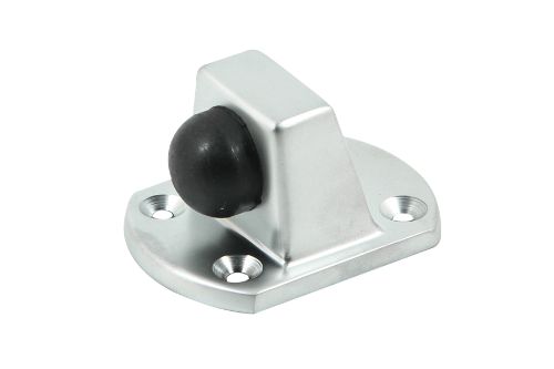 Solid brass door stop in satin chrome finish, measuring 59 x 34 x 44 mm, ideal for preventing door damage.