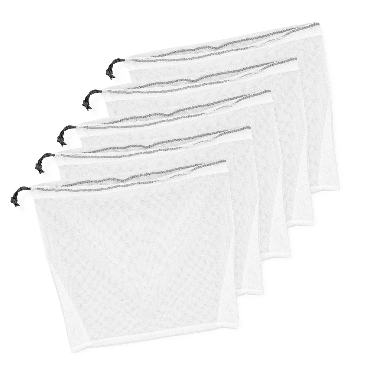 Eco-friendly reusable mesh produce bags with drawstring closure, perfect for fresh fruits and vegetables transport.