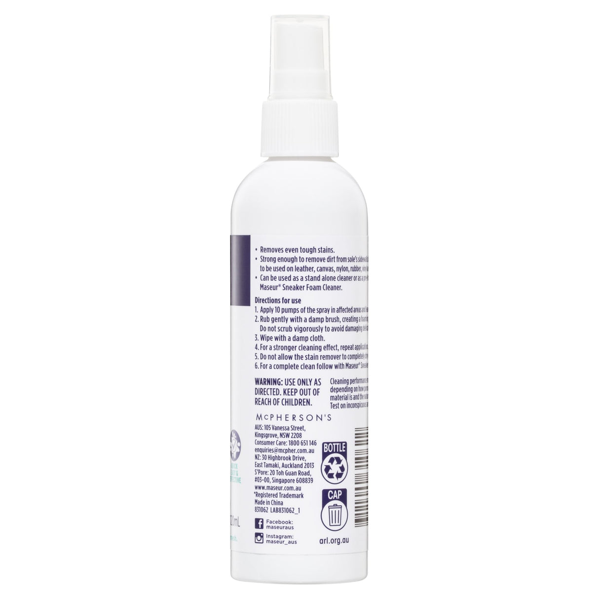 Maseur Footcare Sneaker Stain Remover 120mL, designed to effortlessly remove tough stains from various sneaker materials.