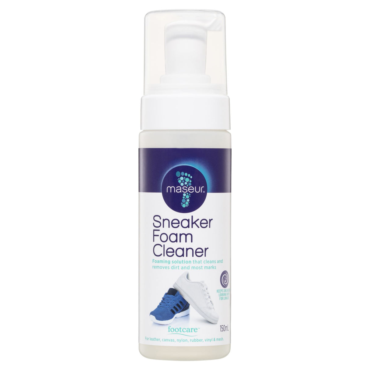 Maseur Footcare Sneaker Foam Cleaner 150mL: powerful foaming cleaner for dirt removal, nourishes sneakers without water.