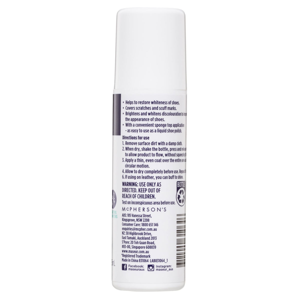 Maseur Footcare Sneaker Whitener 75mL in a bottle with a sponge applicator for restoring whiteness to sneakers.