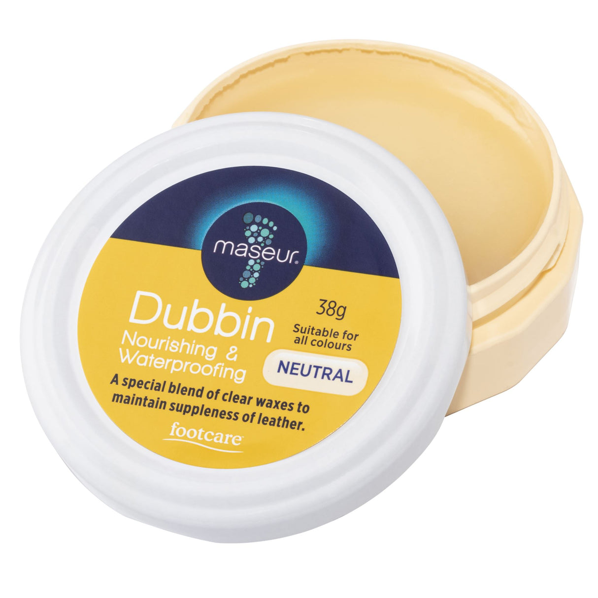 Footcare by Maseur Dubbin neutral shoe polish in 38g, nourishing and waterproof for beautifully maintained leather shoes.