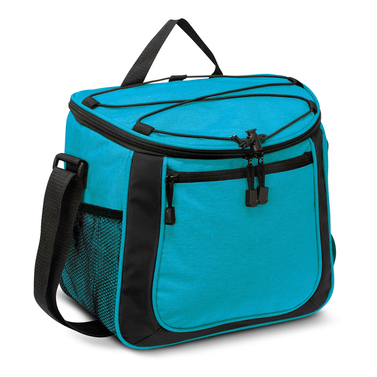 Light blue cooler bag with thick insulation, waterproof lining, and multiple storage pockets, perfect for outdoor adventures.