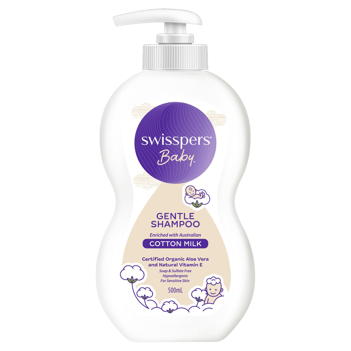 Swisspers Baby Gentle Shampoo 500mL, hypoallergenic, pH balanced, enriched with cotton milk and aloe for sensitive skin.