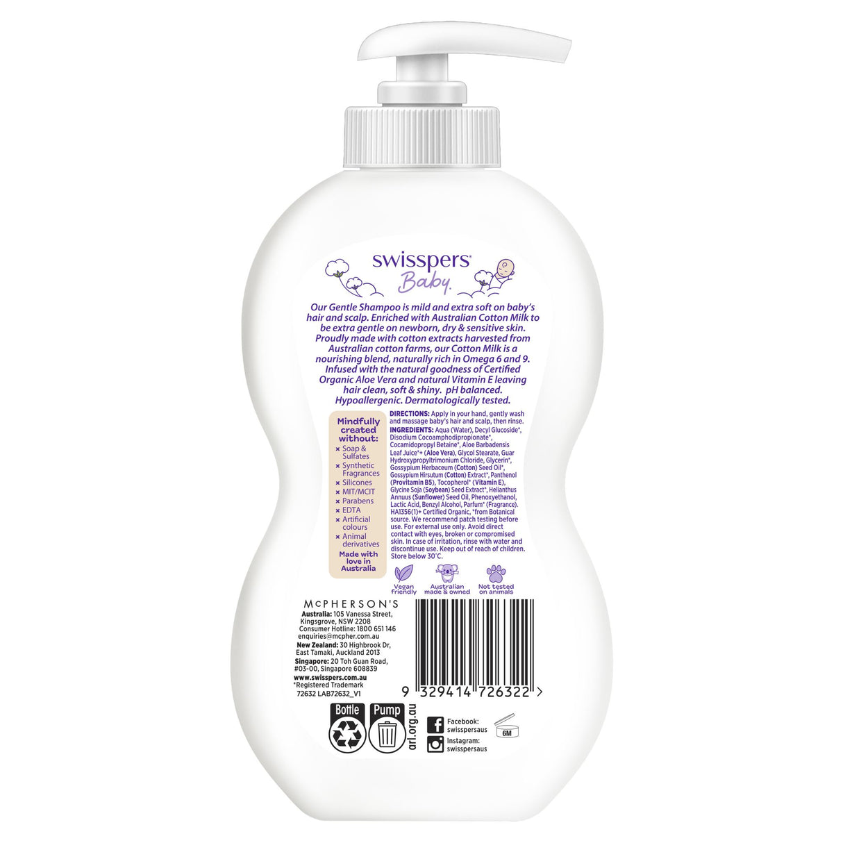 Swisspers Baby Gentle Shampoo 500mL with Australian cotton milk, perfect for newborns' delicate hair and sensitive skin.