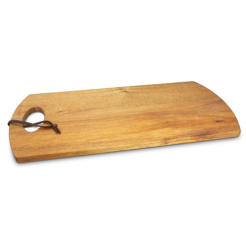 Natural acacia wood serving board with leather strap, perfect for cheese platters and rustic kitchen decor, presented in a black gift box.
