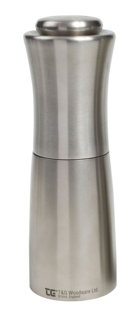 Sleek stainless steel Apollo Pepper Mill with CrushGrind technology for effortless, precise grinding of pepper and salt.