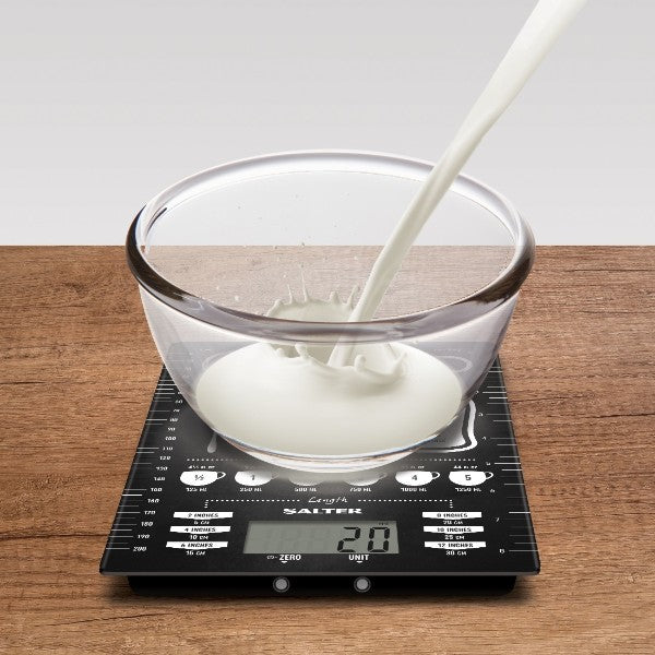 Salter Electronic Kitchen Scale 1171CNDR with sleek glass design, large display, and easy unit conversions for cooking.