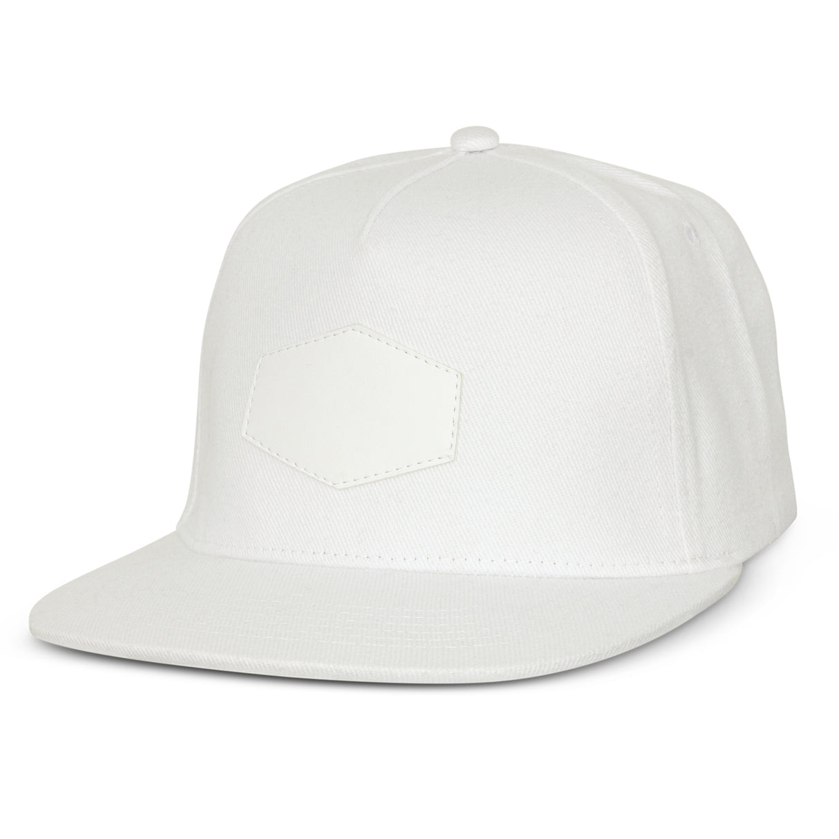 Flat peak white cap with embroidered eyelets, sweatband, and adjustable snapback, ideal for customization and style.