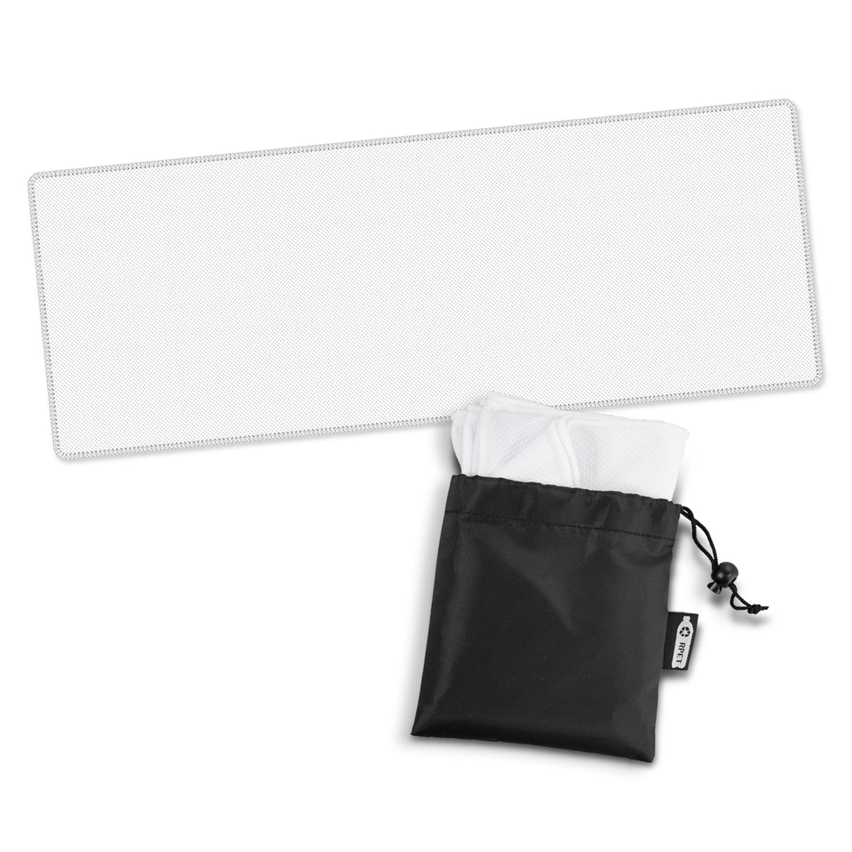 Eco-friendly white cooling towel set (20) made from RPET, offering fast cooling for outdoor activities in a convenient pouch.