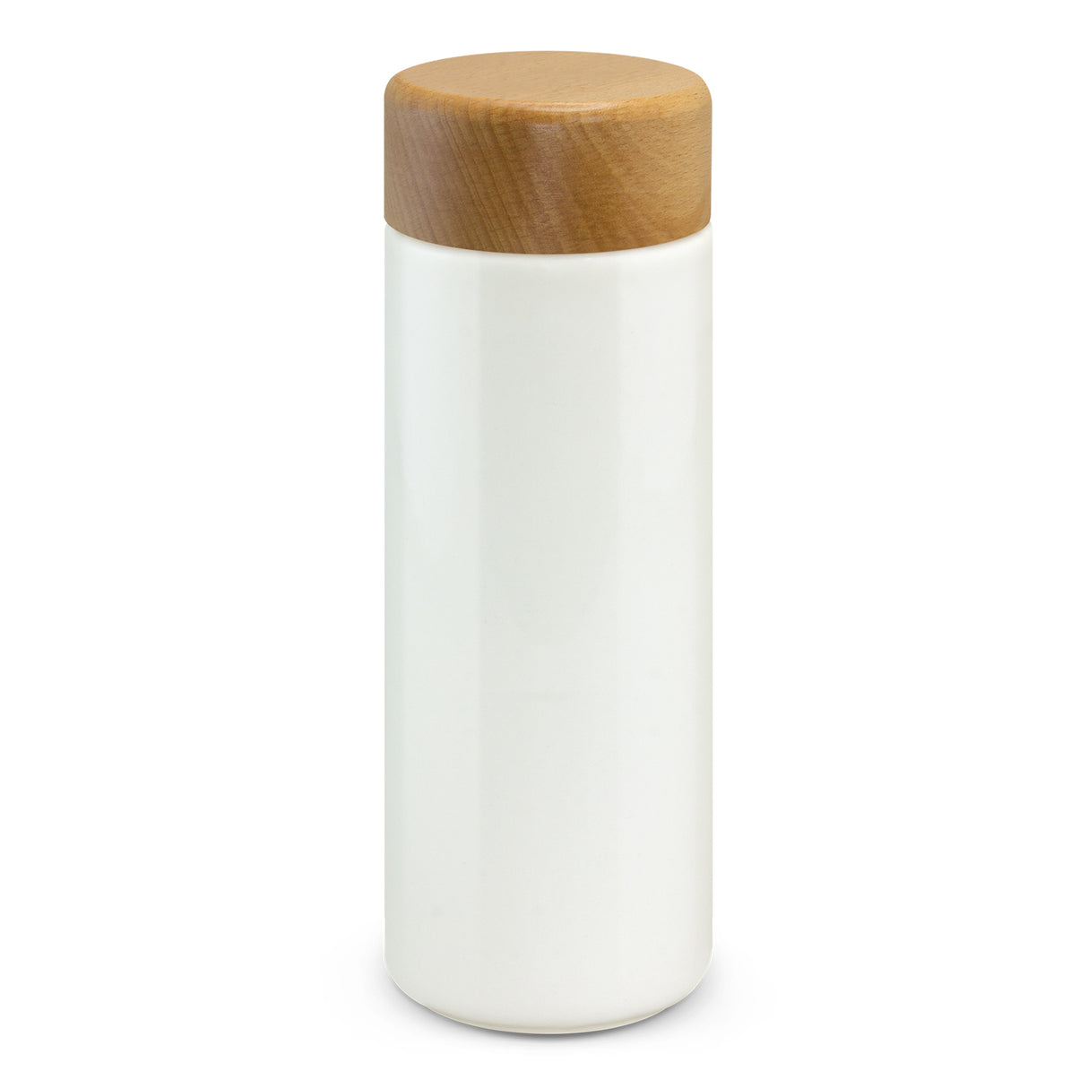 Ceramic double wall bottle in white with a natural wood lid, designed for hot or cold drinks, 530ml capacity.