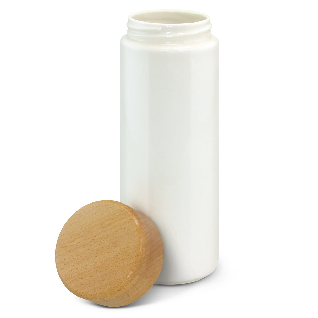 Elegant white ceramic bottle with natural wood lid, featuring double wall insulation for hot or cold drinks, 530ml capacity.