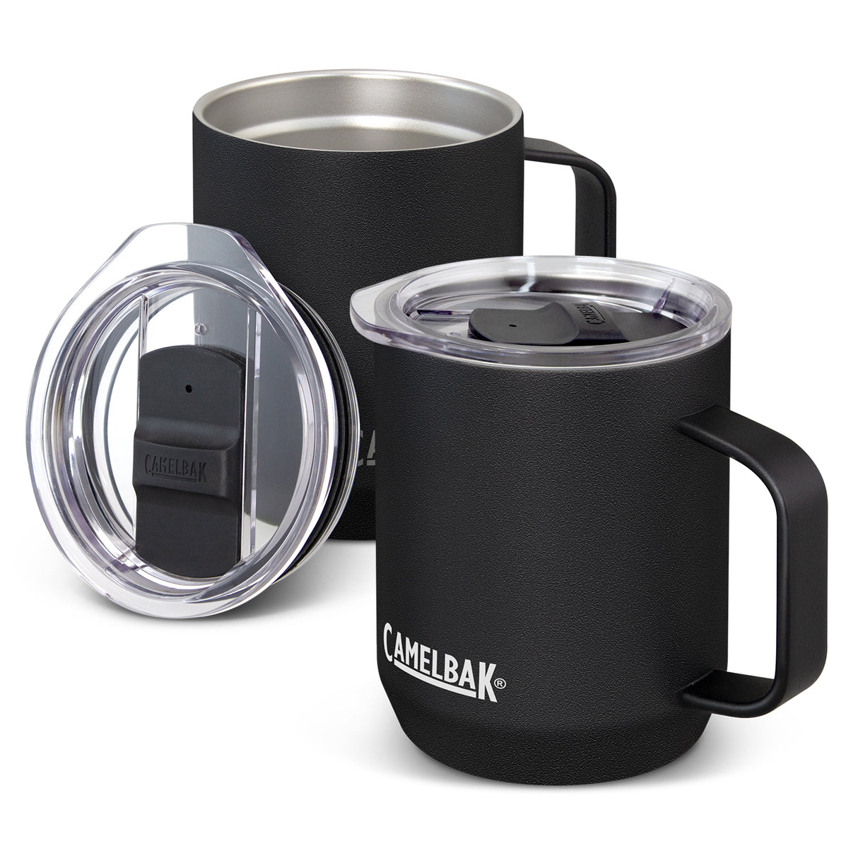 Black CamelBak Horizon Vacuum Camp Mug, 350ml, features double-wall insulation, easy-grip handle, spill-resistant lid, and non-slip base.