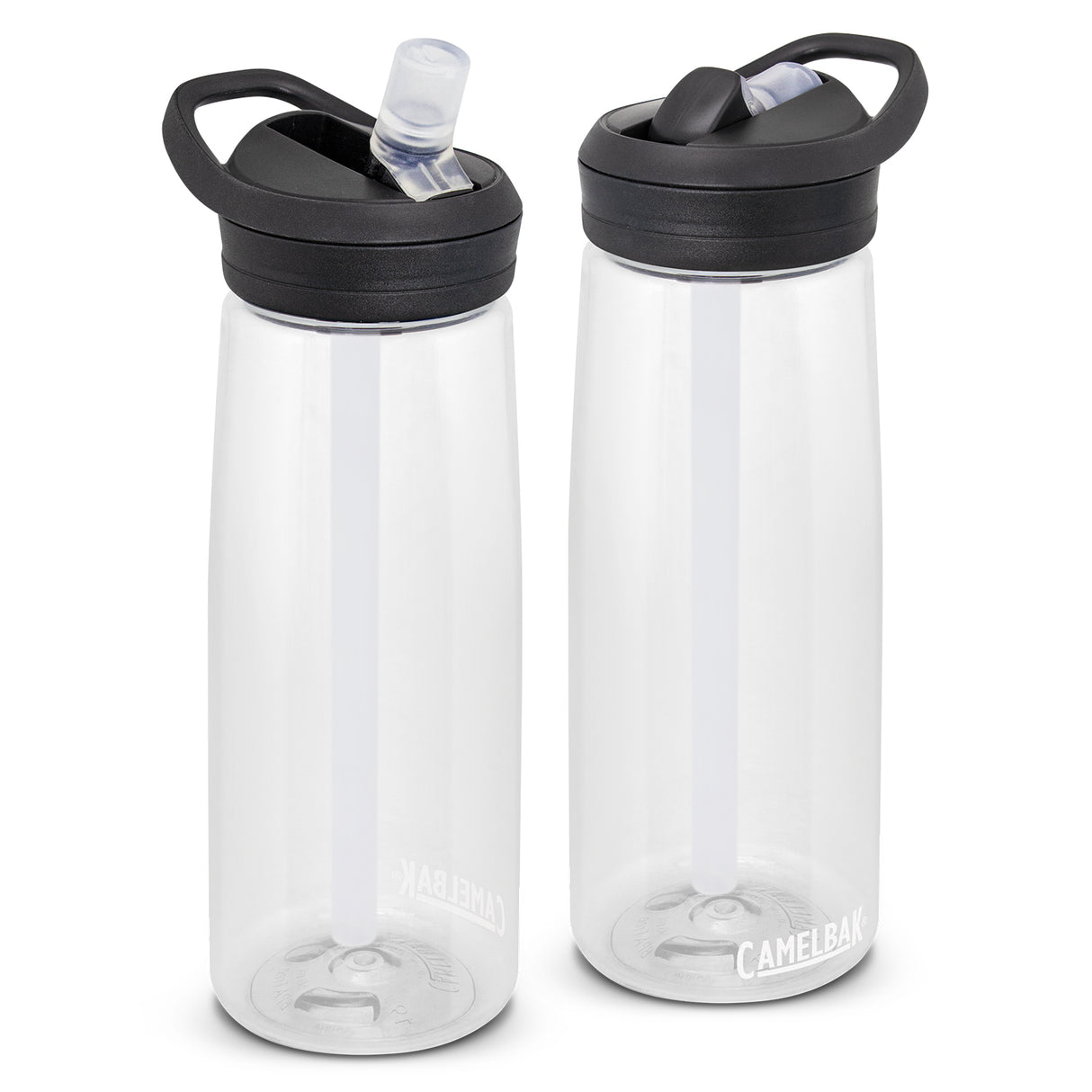 Clear CamelBak Eddy 750ml water bottle with spill-proof flip valve and silicone bite valve for easy hydration on the go.