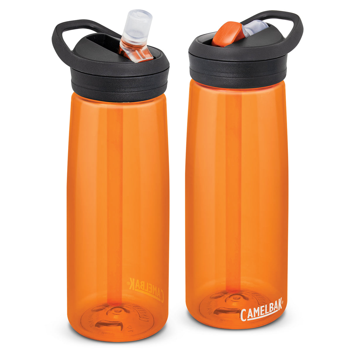 CamelBak Eddy 750ml water bottle in Lava Orange, featuring a secure lid, flip valve, and silicone bite valve for drip-free sipping.