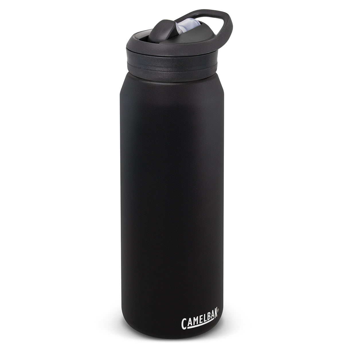 Black CamelBak Eddy 1L vacuum bottle, double-wall insulated, with a flip valve and carry handle for easy hydration on-the-go.