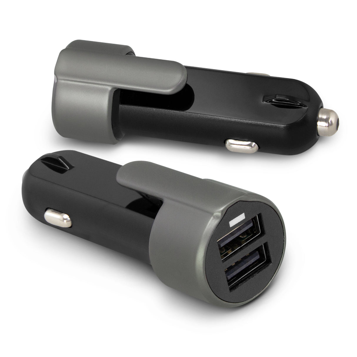 3-in-1 Safety Charger by Swiss Peak with dual USB ports, seat belt cutter, and emergency window hammer in sleek black design.